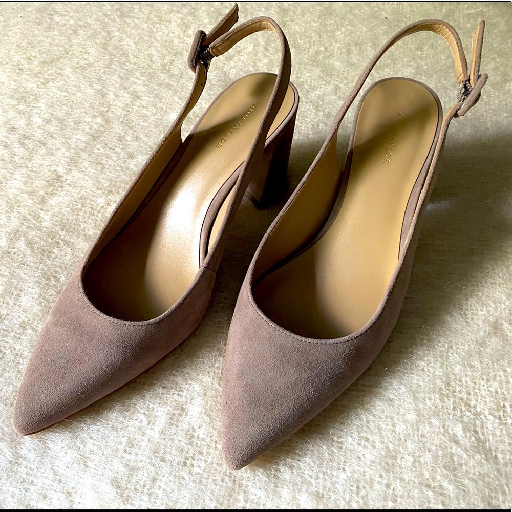 Anne Taylor neutral sling backs with block heel.